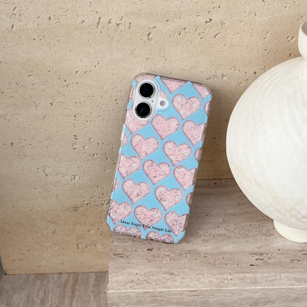 Glitter Blue Full Screen Love, Suitable for Apple 16 Mobile Phone Case iPhone17Pro Max Double-layer Printing 15/14