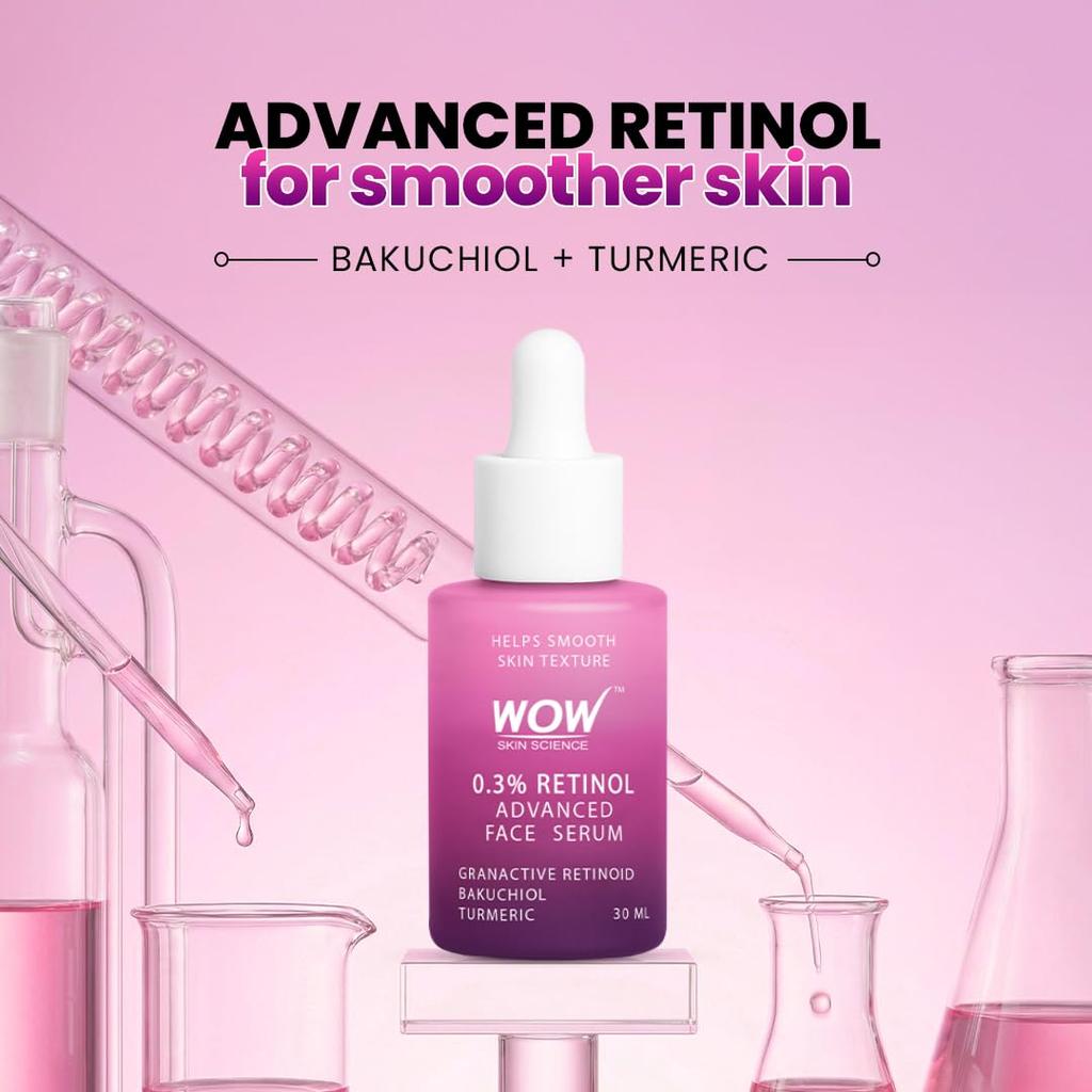 WOW Skin Science 0.3% Retinol Advanced Face Serum | Granactive Retinoid + Bakuchiol + Turmeric | Smooths Texture, Reduces Fine Lines & Firms Skin