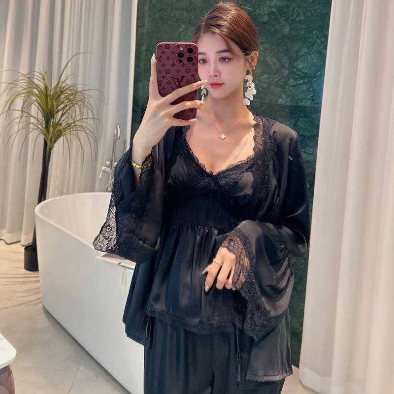 Zhao Ruth Internet Celebrity Three-piece Women's Spring Summer Ice Silk Pajamas Lace Sexy Suspenders Thin Pure Desire Trousers