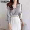 Spring Simple Women's Chiffon Shirt Solid Color Temperament Label Collar Long Sleeved Top