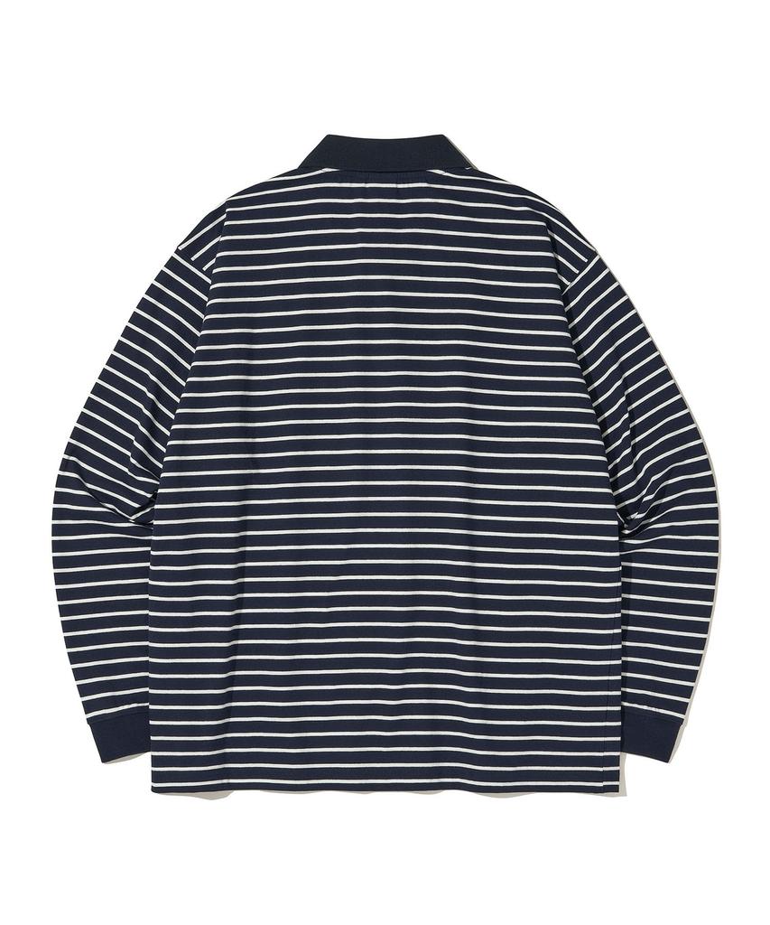 URBANDTYPE Paris Stripe Long Sleeve Polo Shirt_Dark Navy