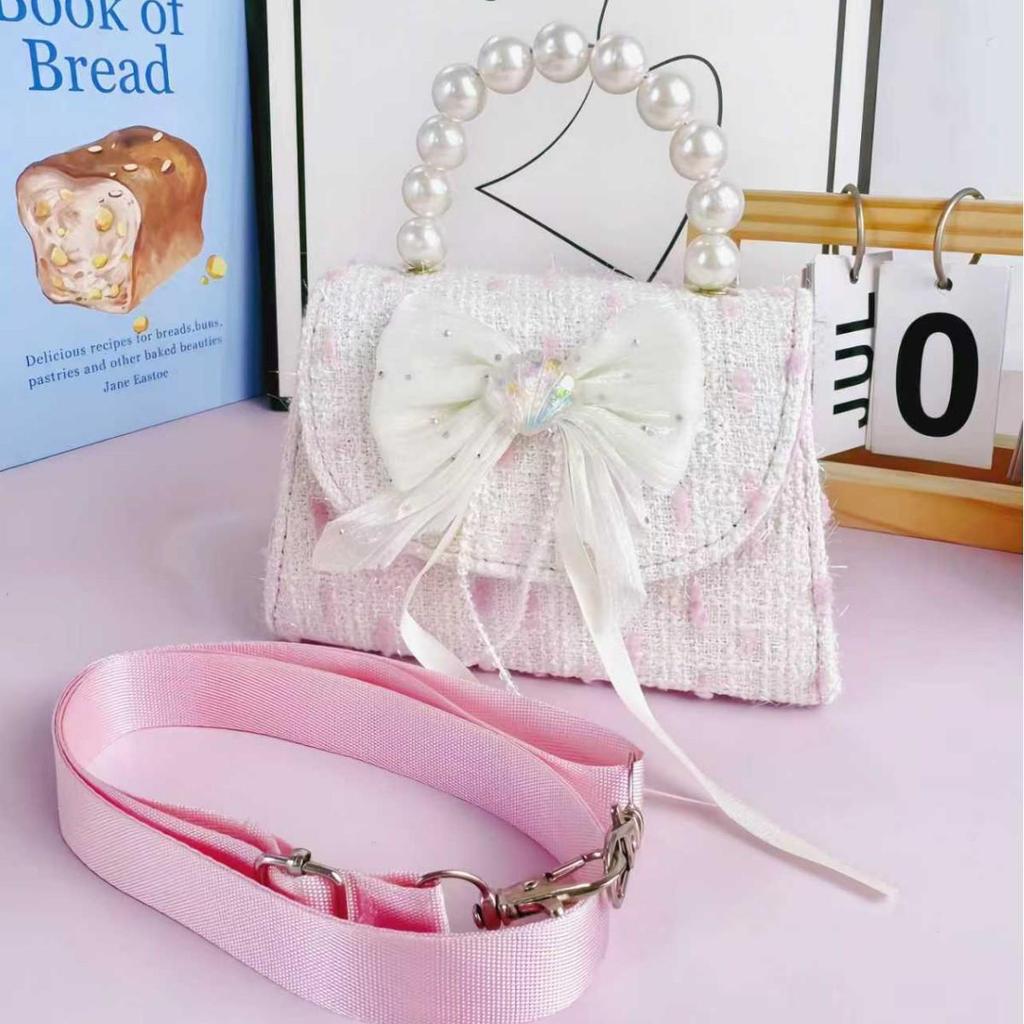 2025 Autumn Cute Girls' Crossbody Bag with Bow and Pearl Detail