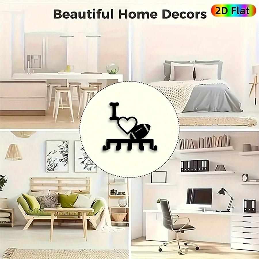 Modern Soccer Heart Key Holder Metal Wall Decor 5 Hooks Sports Fan Gift