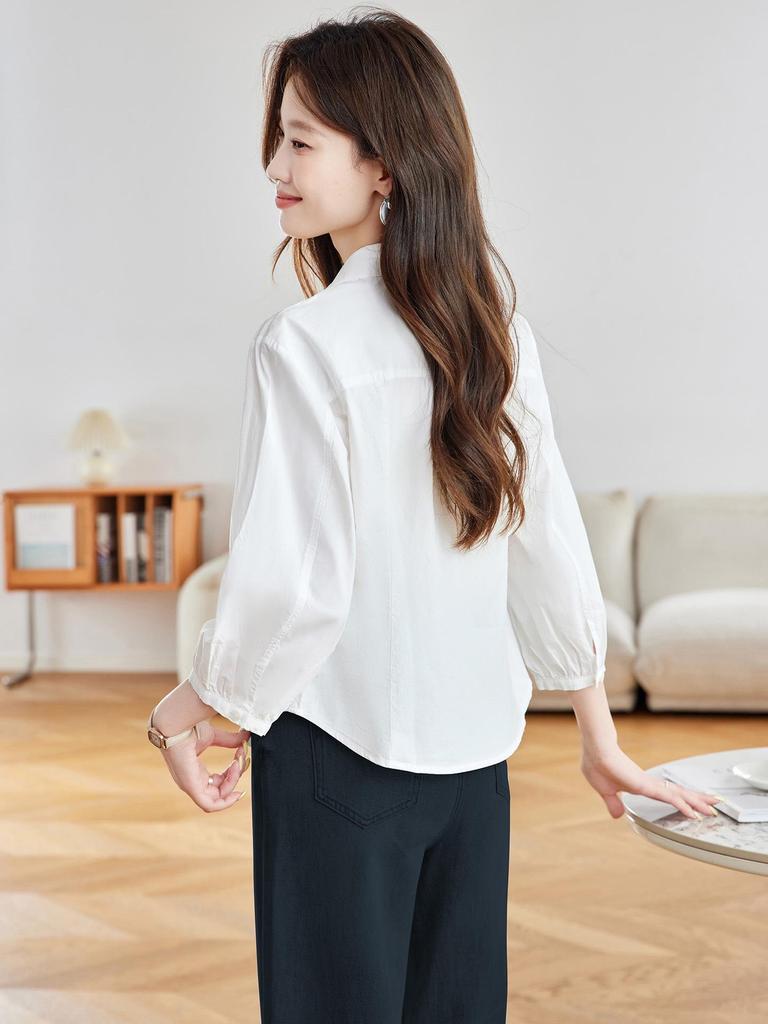 Damen Weißes Langarm-T-Shirt aus reiner Baumwolle mit V-Ausschnitt, Herbst 2025 Französischer Stil