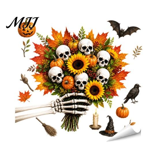 Gift for Halloween Party Setup Window Static Sticker, Castle/Bat/Pumpkin/Bouquet Printed, PVC Waterproof Removable Decorative Clings Decals