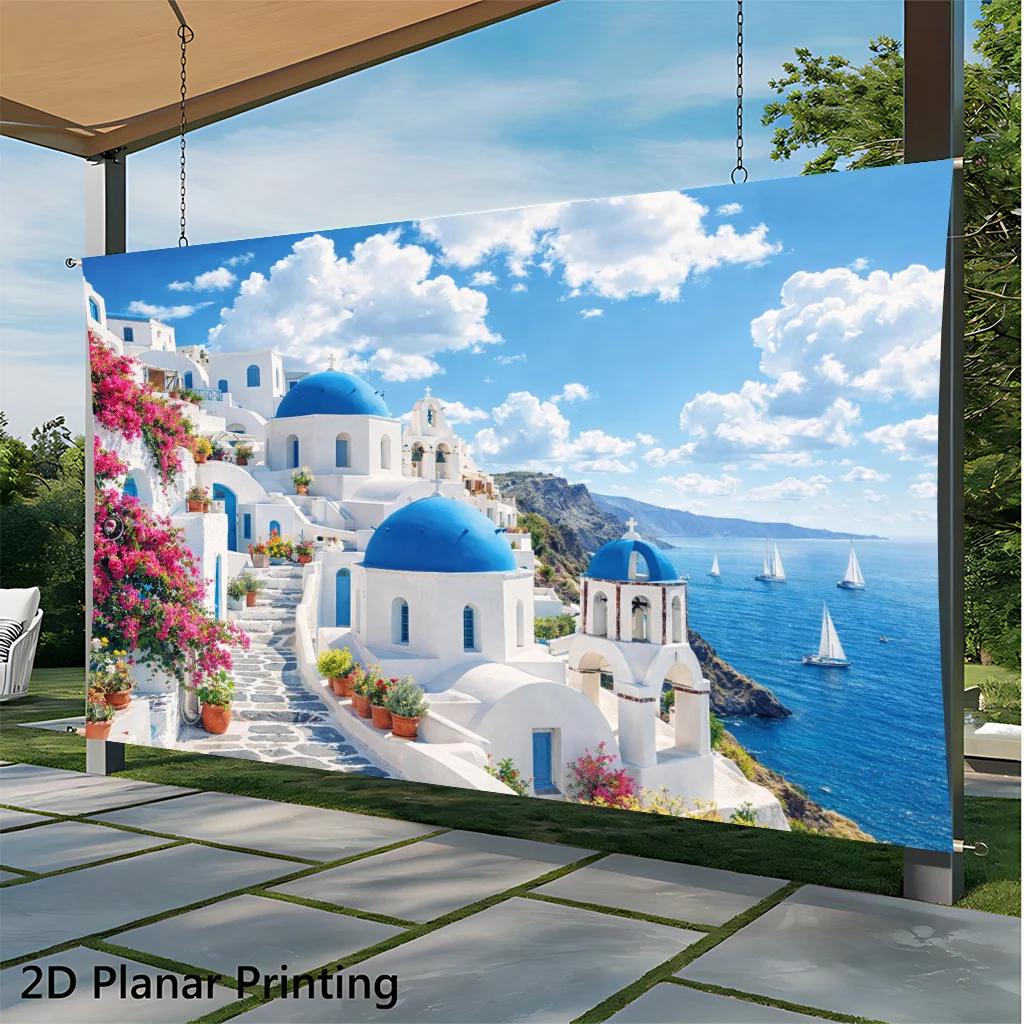 1 Piece of 2D Flat Banner As Background, Depicting the White Town of Santorini, with Decorative Banners On the wallsDJH
