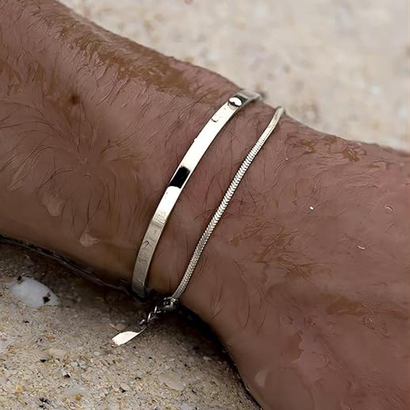 Stackable Bracelets for Men, 925 Silver/14K Gold Plated Bracelet Sets Dainty Cuff Bangle Box Cuban Link Bracelets