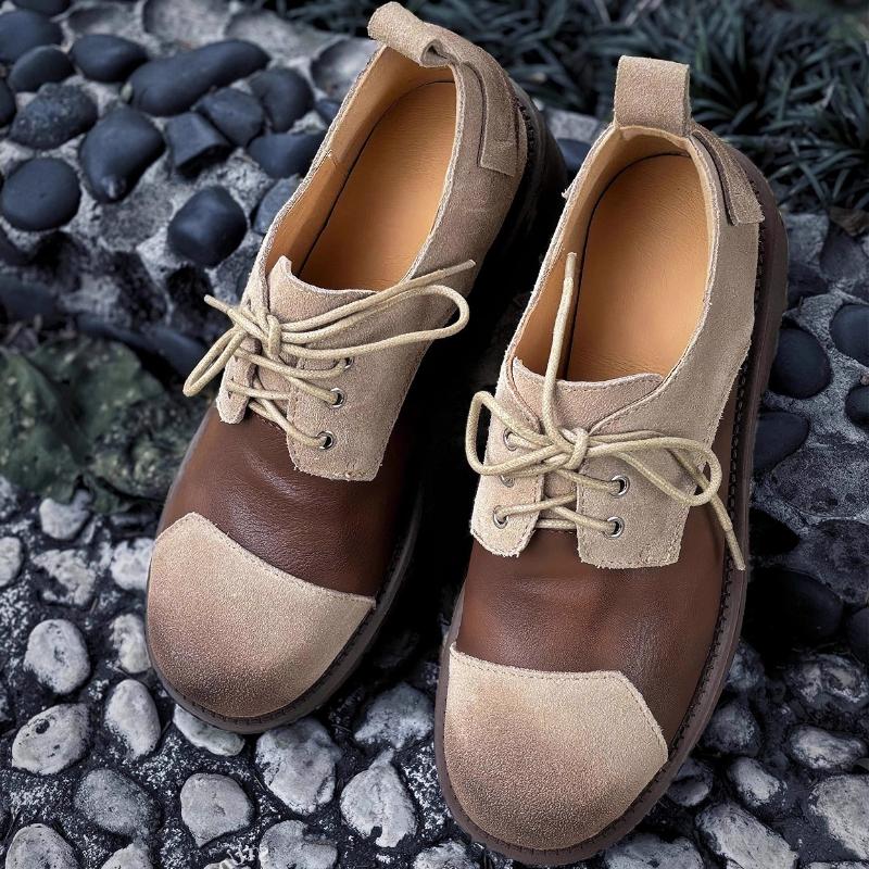 Fashion Retro British Style Leather Shoes Women Fashion Lace Up Patchwork Designer Shoes Comfortable Non Slip Chunky Heel Casual Shoes