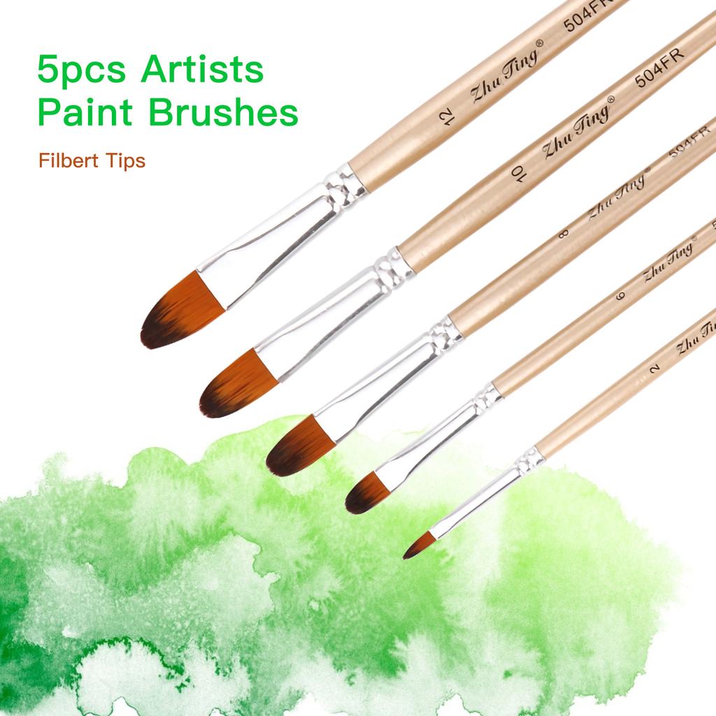 5pcs Filbert Tip Paint Brushes Set Nylon Hair Wooden Handle Artists Paintbrushes for Children Adults Beginners for Acrylic Oil Watercolor Gouache Nail