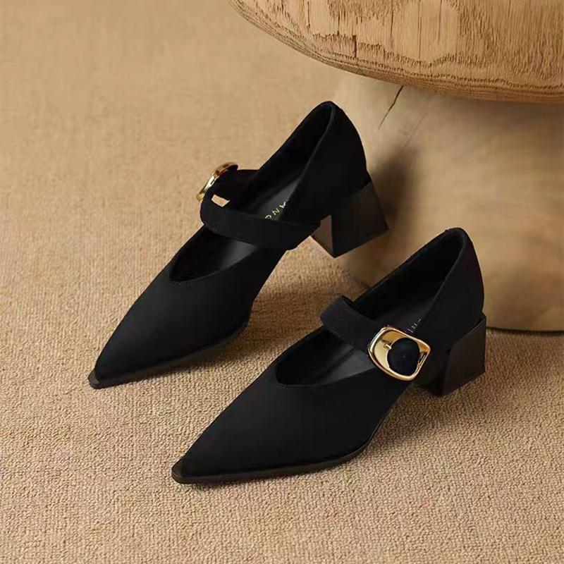 Pumps for Women Chunky Heel Pointed Toe Belt Buckle Mid Heeled Spring Autumn New Women's Office Commute Mary Jane Single Shoes