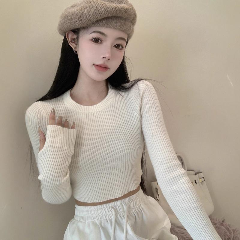 Gray Long-sleeved Knitted Sweater Women's Inner Slim-fitting Short Open-button Tight Bottoming Shirt Top Tide