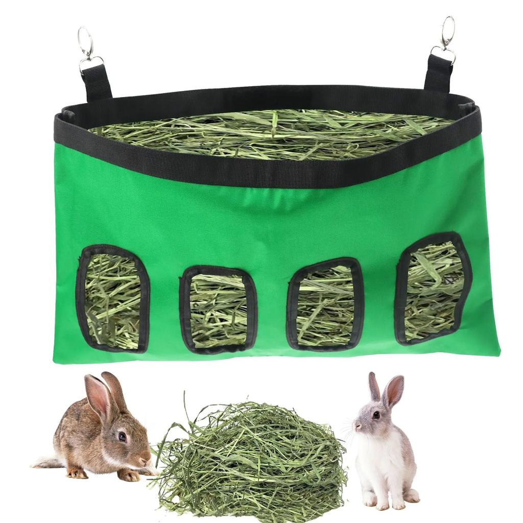 4 Holes Hay Bag Hanging Pouch Feeder Holder Feeding Dispenser Container for Rabbit Pig Small Animals Pet Bunny Cage Accessories