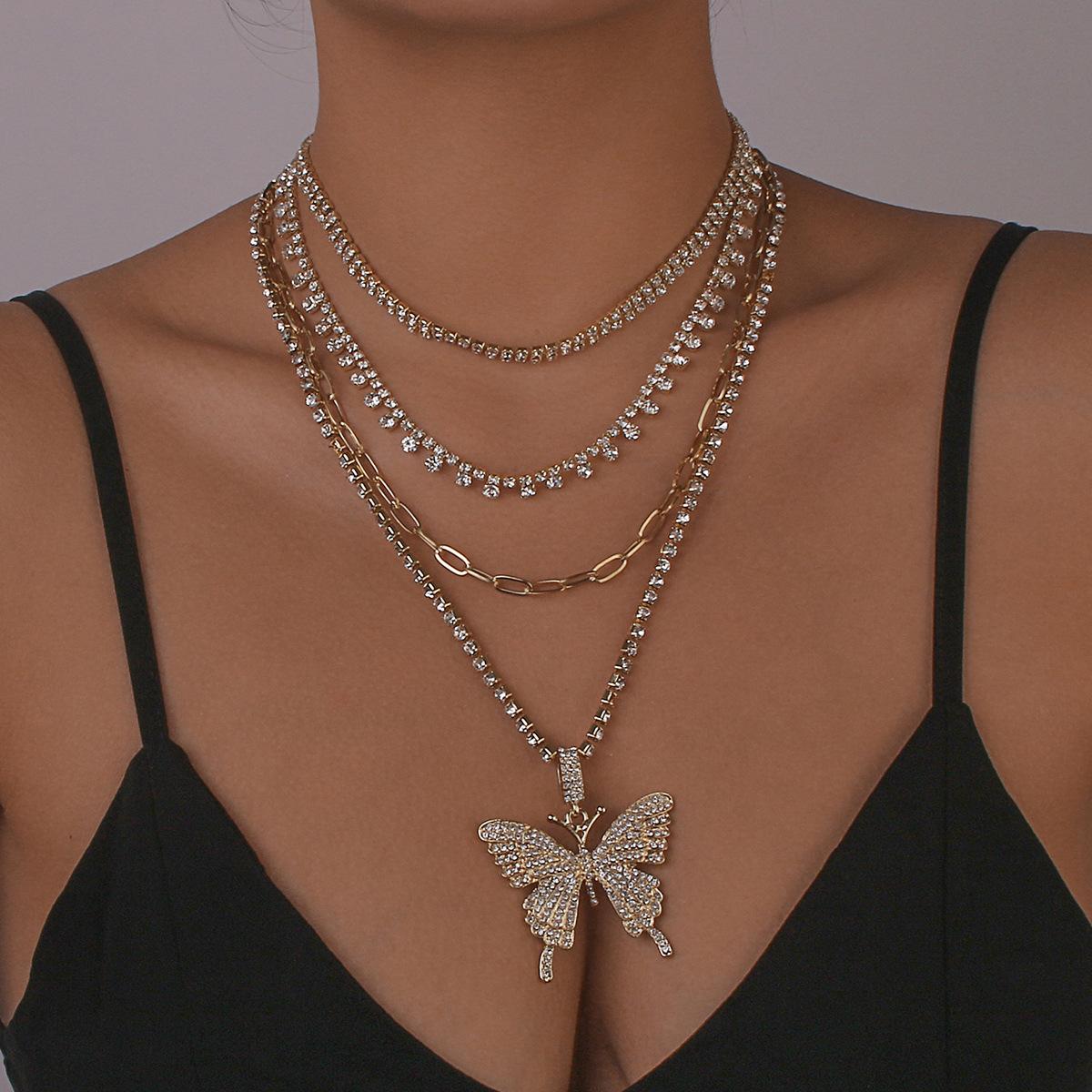 Exaggerated Multi-Layer Choker Butterfly Full Rhinestone Light Luxury Temperament Necklace Personality Layered Retro Jewelry золотой