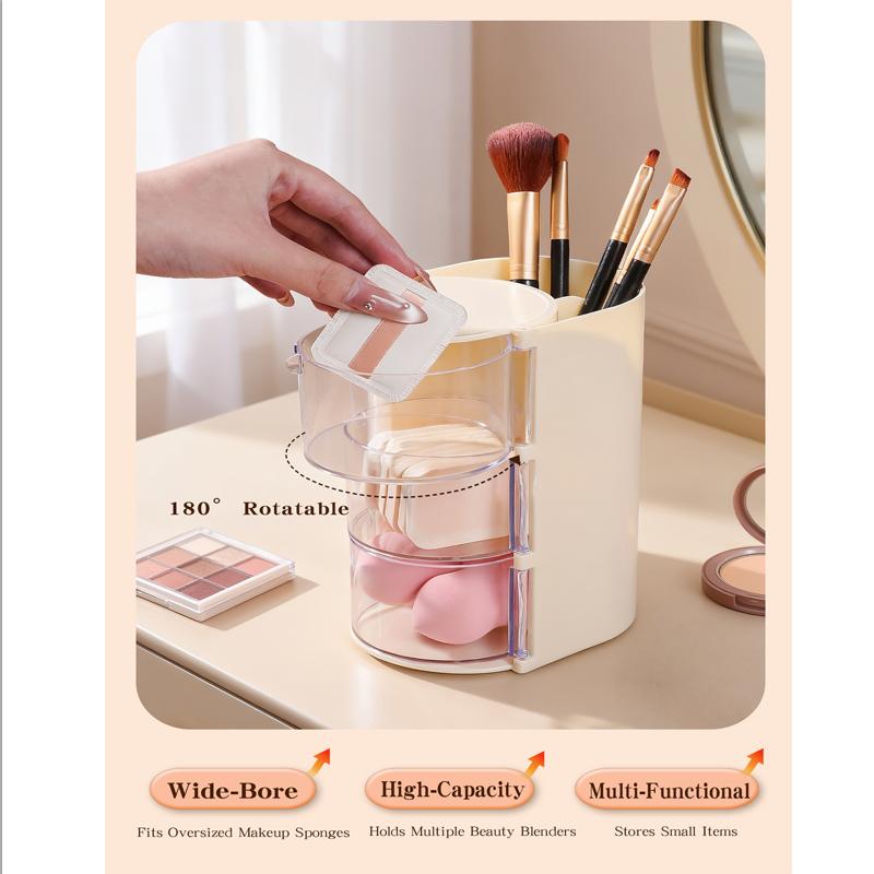3-layers Rotating Dustproof Cosmetic Storage Box Multilayer Makeup Sponge Cushion Powder Puff Organizer Tube Desktop Makeup Storage