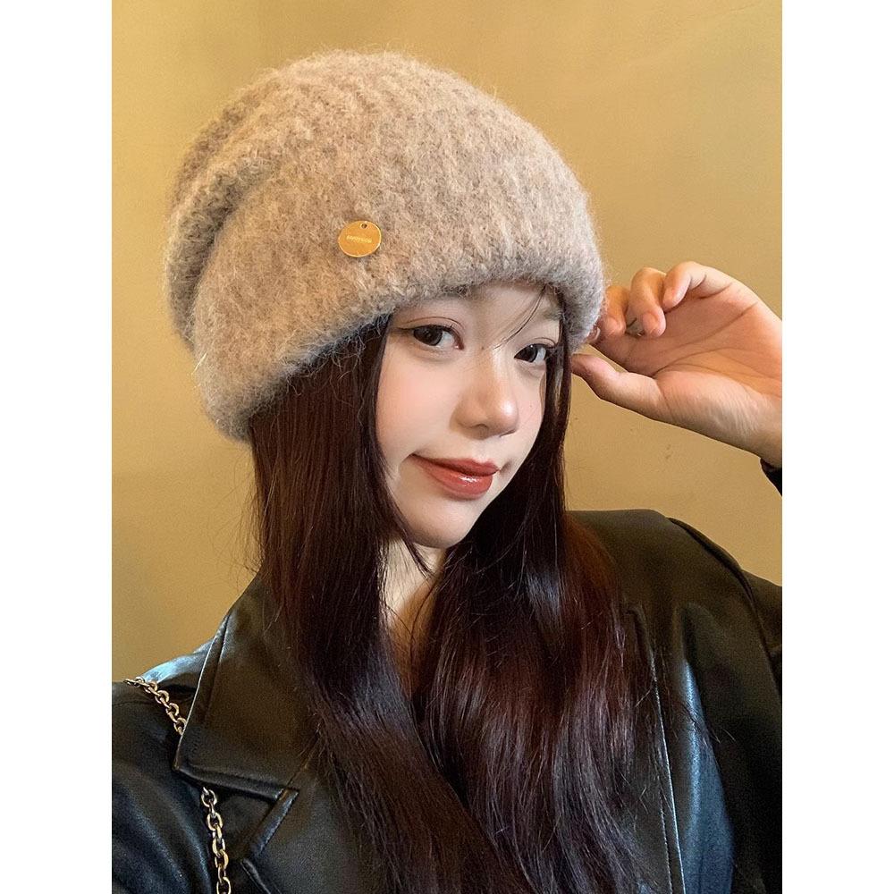 Autumn and Winter Korean Style Large Head Circumference Loose Knitted Pile Hat Showing Face Small Warm and Thickened Ear Protection Hat