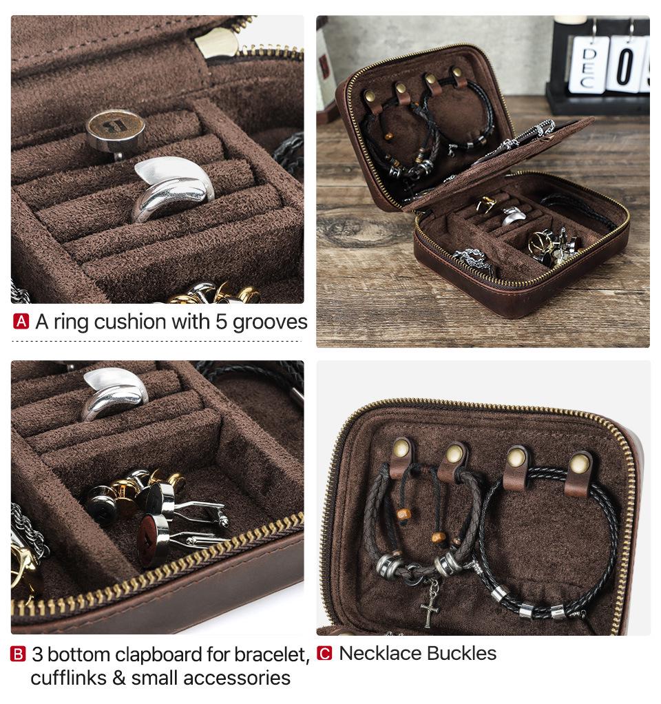 Retro Crazy Horse Cowhide Leather Jewelry Travel Storage Box