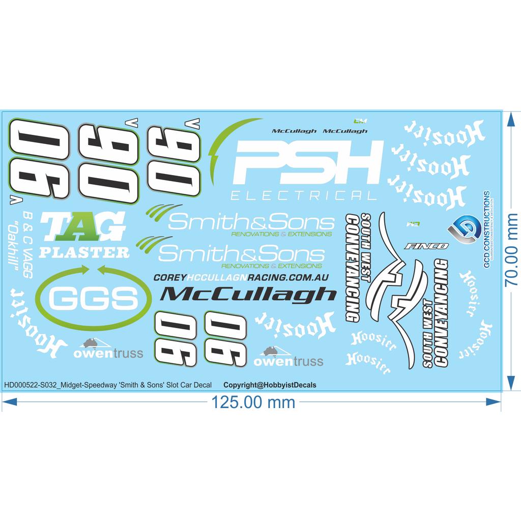 Smith & Sons' Midget-Speedway Slot Car Decal - 1/18 1/24 1/32 1/64 -Water Decal - Waterslide, 1/18
