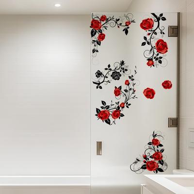 Romantic Red Rose Vine Glass Stickers, Bathroom Door and Window Decorative Stickers