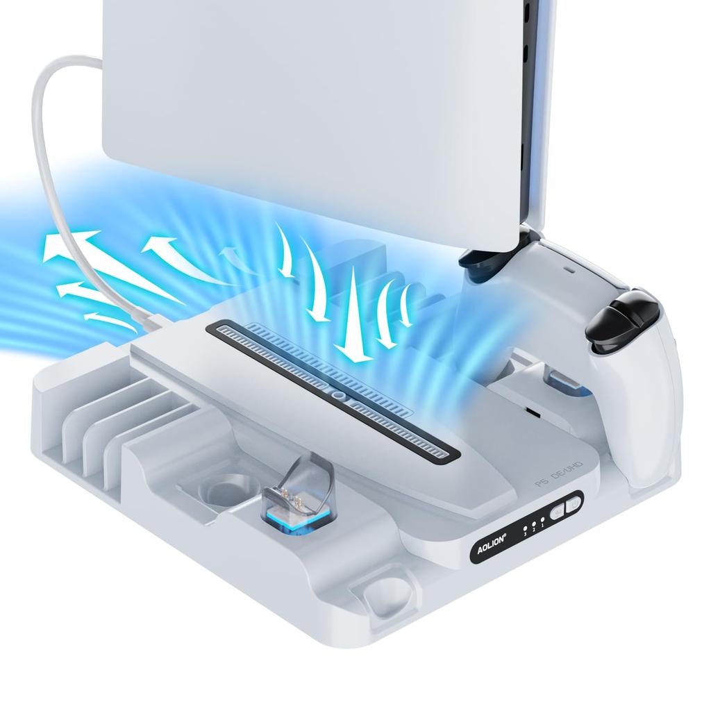 OLCLSS Vertical Stand for PS5 5 with Cooling Fan for Simultaneous Charging of Two and Easy White PS5 Slim Pro/PS Slim/PS5 Controllers. Space-saving