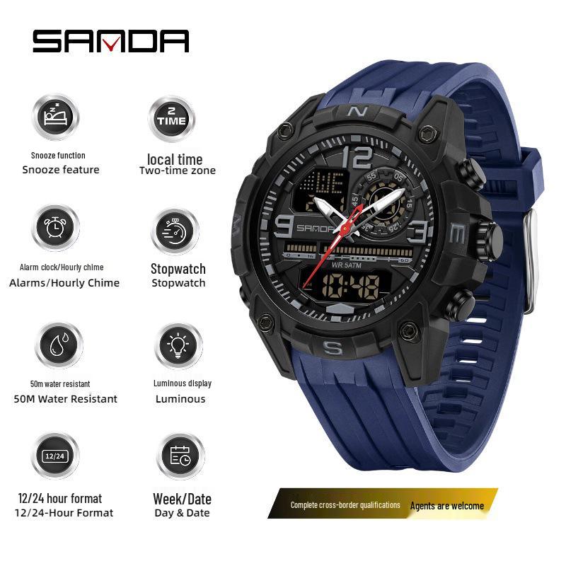 Sanda Men's Multifunctional Waterproof Sports Watch with Dual Display and Snooze Alarm