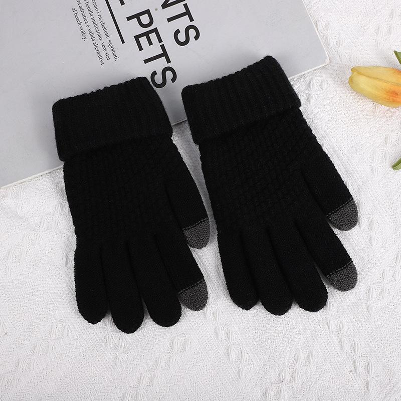 Korean Winter Gloves Brushed Fleece Thick Ribbed Jacquard Touchscreen Unisex