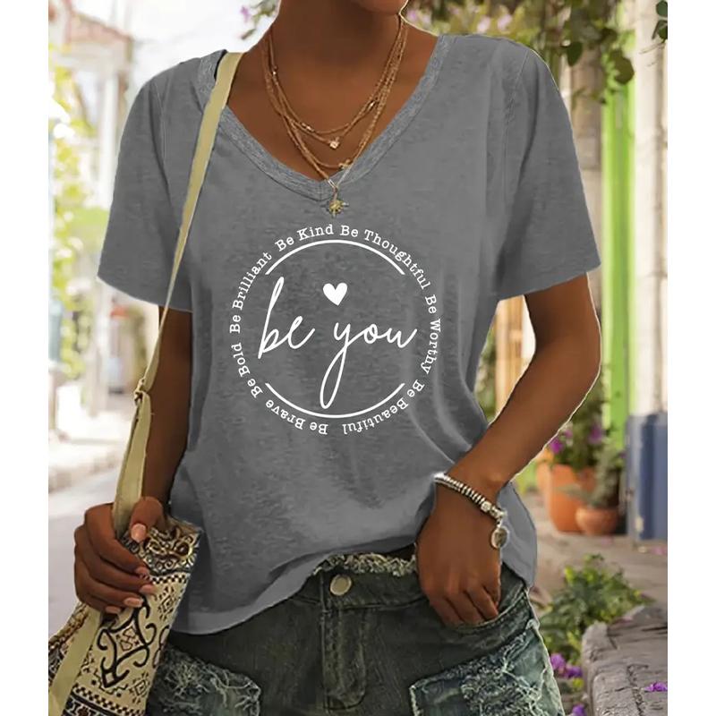 Mode Monogrammalerei Blusen Kurzärmlig V-Ausschnitt T-Shirts Lässig