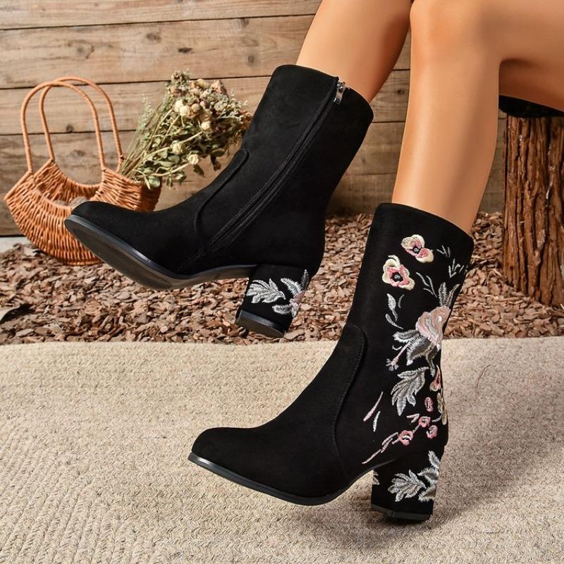 Women's Single Boots Spring Autumn New High Heels Embroidered Color Matching Short Boots Casual Comfort Increase National Boots