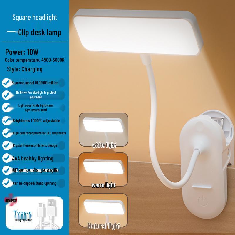 Rechargeable LED Clip-On Desk Lamp - Eye Protection Night Light for Dorms and Bedside Reading