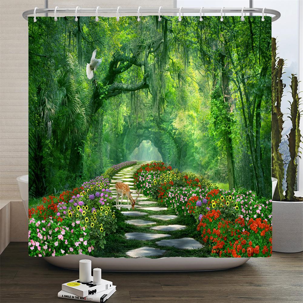 Natureza Paisagem Florestal Cortinas de Chuveiro Cortina de Banheiro Tecido Poliéster Impermeável Cenário Cortina de Banho com Ganchos