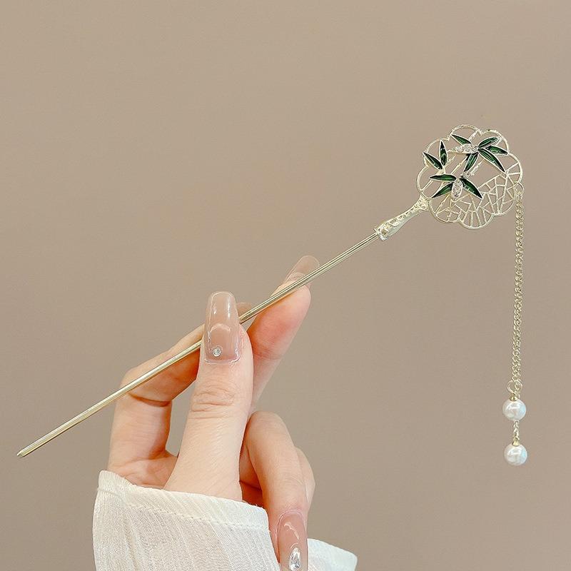 1Pc National Style New Chinese Step Fan Pearl Tassel Hairpin Female Antique Senior Hanfu Disc Hair Hairpin Hairpin