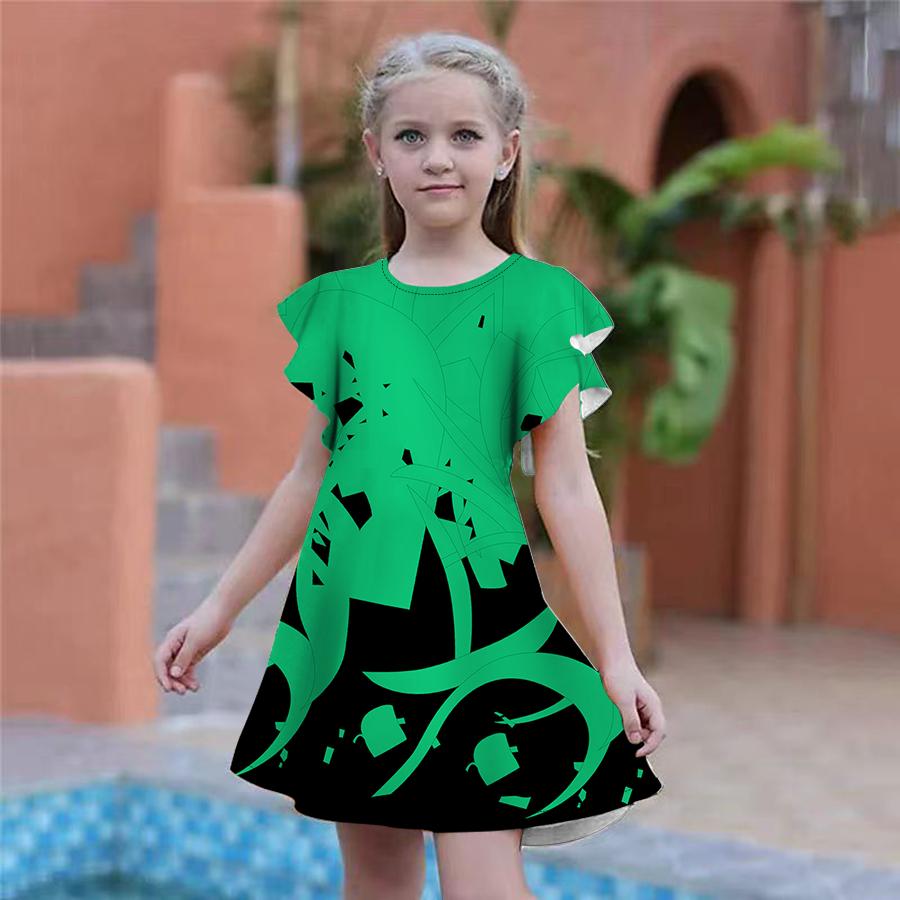 Dívčí tmavě modré šaty s křivým potiskem Dětské Dívčí společenské šaty Volný střih Volný střih sukně s krátkým rukávem pro dívky starší čtyř let