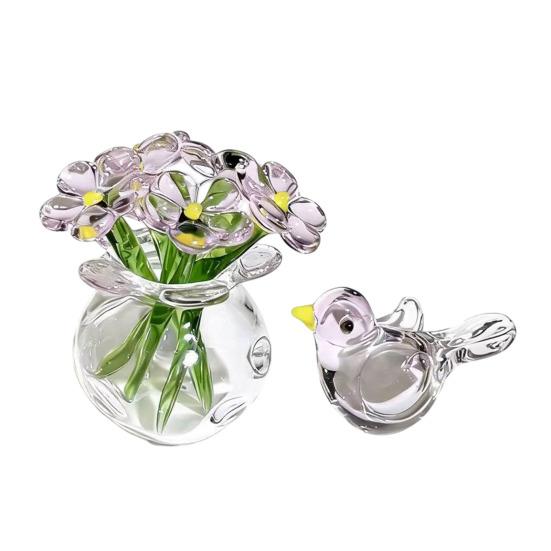 Niedliche Mini-Figur Blume aus Kunstkristall, mundgeblasenes Glas-Bouquet, Sammlerstück, kleines Blumenvasen-Ornament mit Biene/Vogel für Heim- und Büro-Tischdekoration