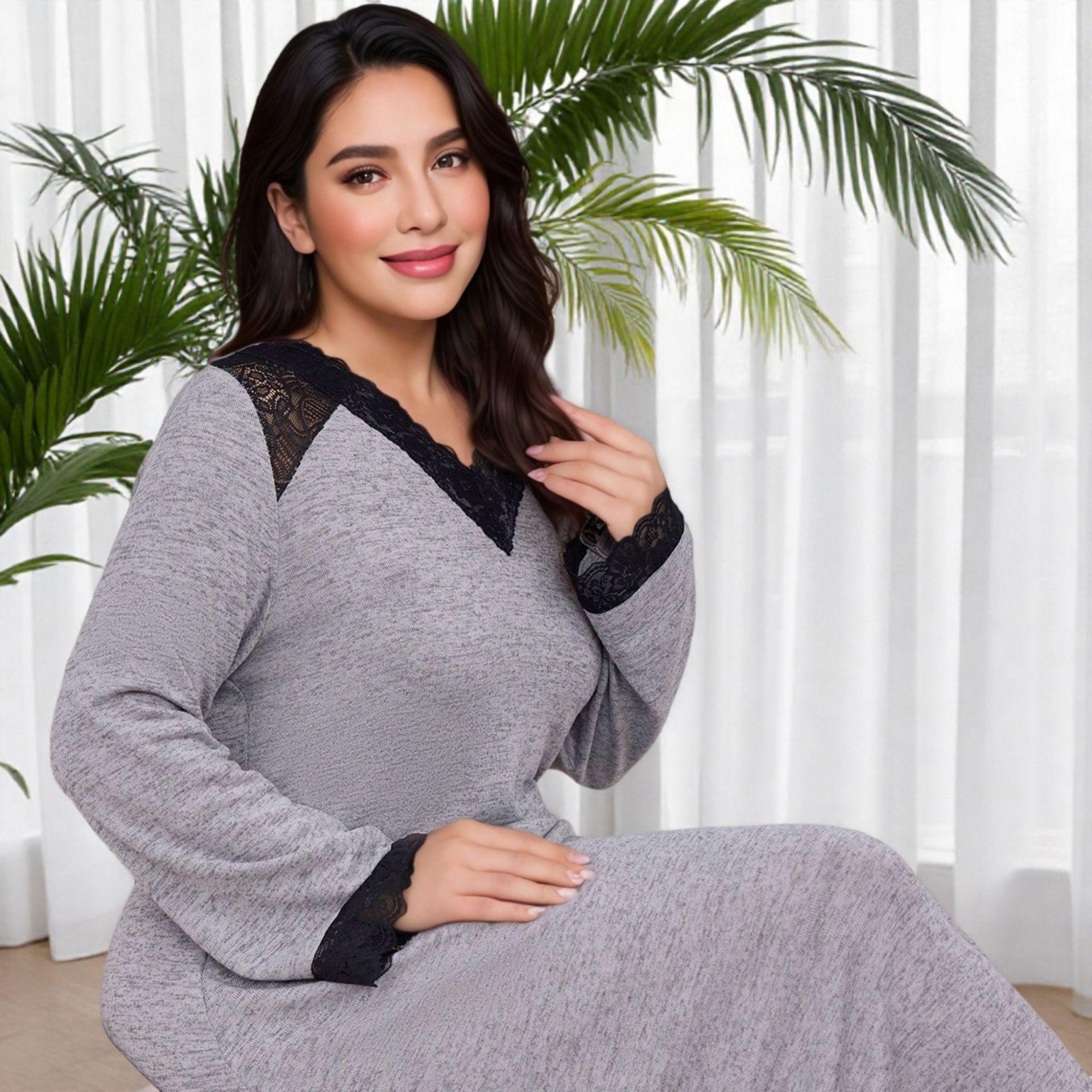 Middle East Plus Size Women s Grey V-Neck Lace Patchwork Long Sleeve Casual Slimming Dress 2XL серый