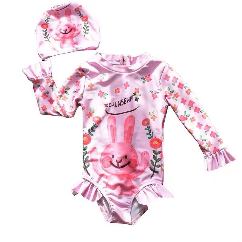 Girls  Mid-Sleeve One-Piece Swimsuit with Cute Rabbit Print M