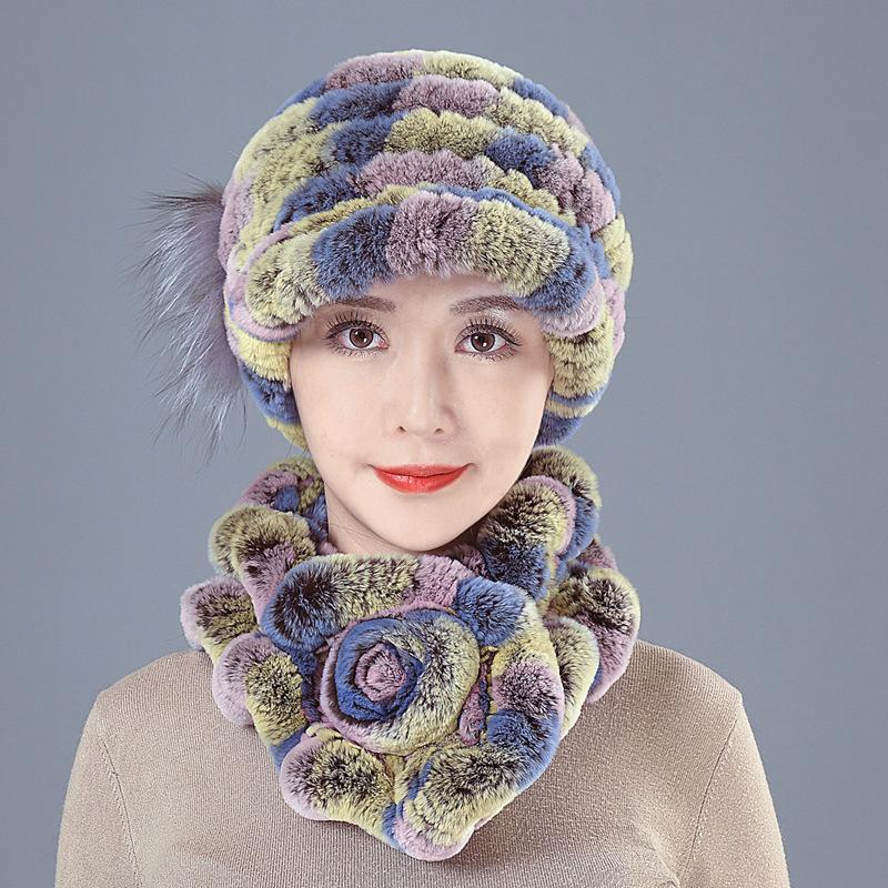 New Rex rabbit hair hat women's autumn and winter ear protection fur woven real hair medium and old thickened versatile scarf set