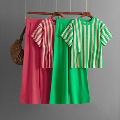 Otoño Invierno Lazy Wind Suelto Cuello Alto Jersey Suéter Traje Mujer Color Sólido Manga Corta Punto Ancho Pierna Pantalones Conjunto de dos piezas