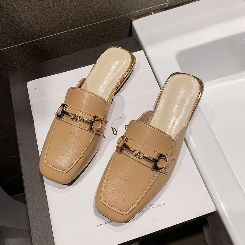 

Туфли на высоком каблуке женские, новые, весна и осень 2024 года, квадратная головка, толстый каблук, неглубокий носок, низкий каблук, одна педаль, верхняя одежда, универсальные тапочки 40