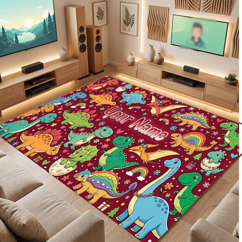 Dinosaur Theme Soft Crystal Velvet Rug Custom Name & Text Print Non Slip Floor Rug for Bedroom Living Room