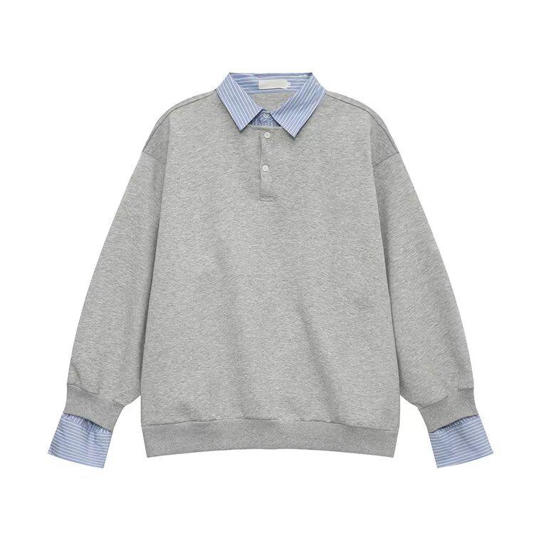 Men's Color-Block Polo Sweatshirt: Fake Two-Piece, Loose Fit, Long Sleeve, Lapel Design, Spring/Autumn Casual Versatile Top.