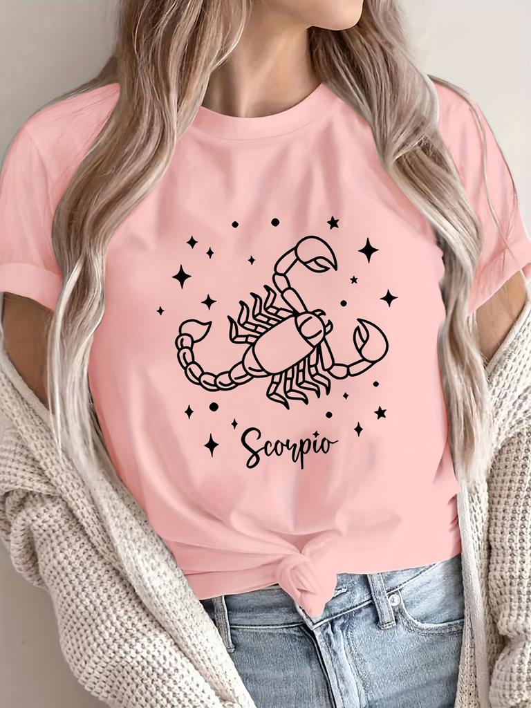 Women's Scorpio Zodiac Sign Grey Casual Short Sleeve Round Neck Blouse with Scorpio Symbol Astrological Print Scorpion