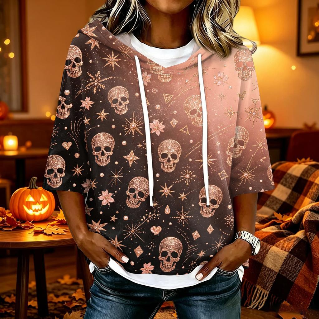 Women's Halloween Printed Hooded 3/4 Sleeve Casual Loose Fit Pullover