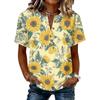 Damen Henley-Hals Knopfleiste Kurzarm Baumwolle Leinen Hemd mit Sonnenblumen-Print Lässige Lockere Passform Bluse Top