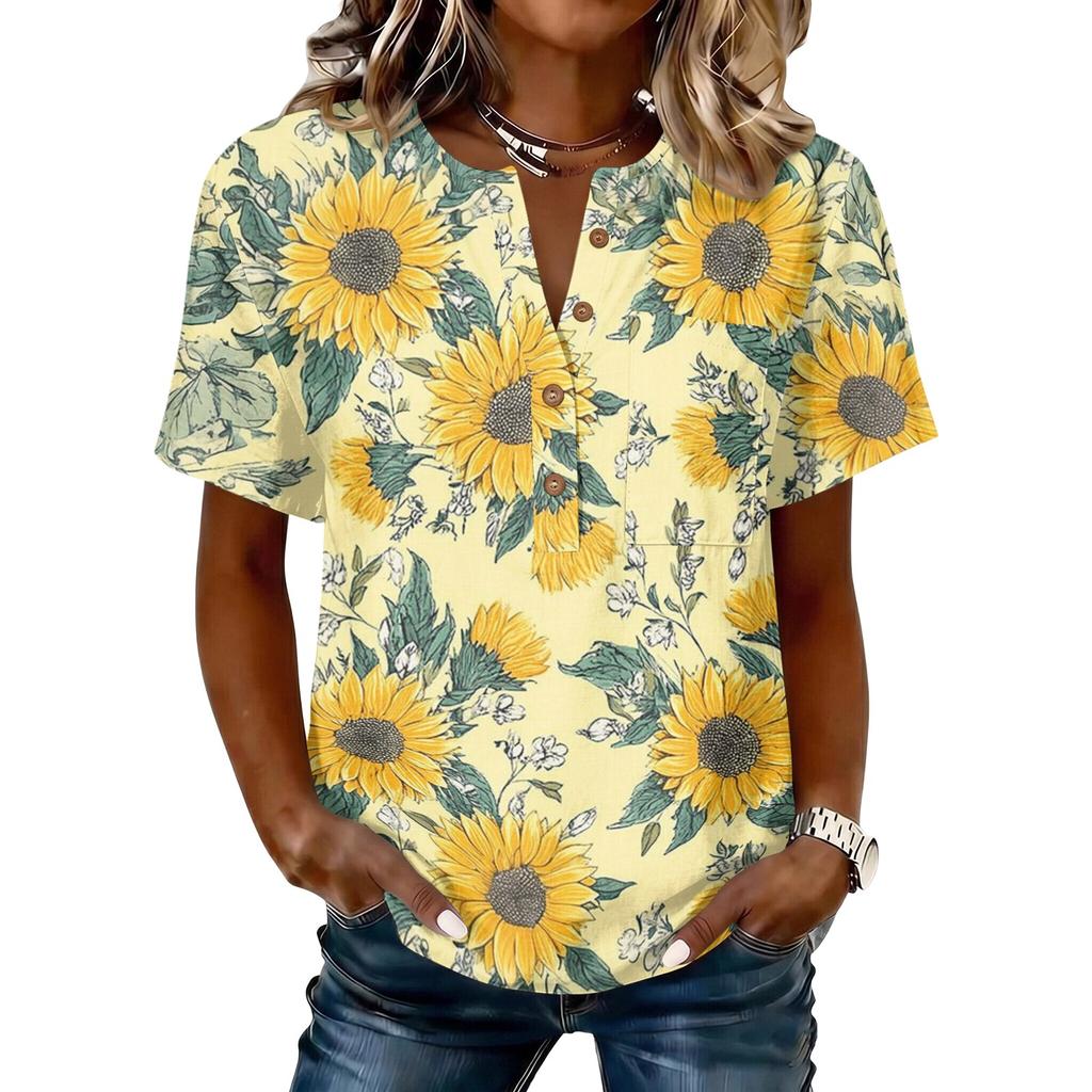 Damen Henley-Hals Knopfleiste Kurzarm Baumwolle Leinen Hemd mit Sonnenblumen-Print Lässige Lockere Passform Bluse Top