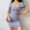 Dress women's summer new lace-up bubble sleeves slim waist floral medium and long dress women's clothing