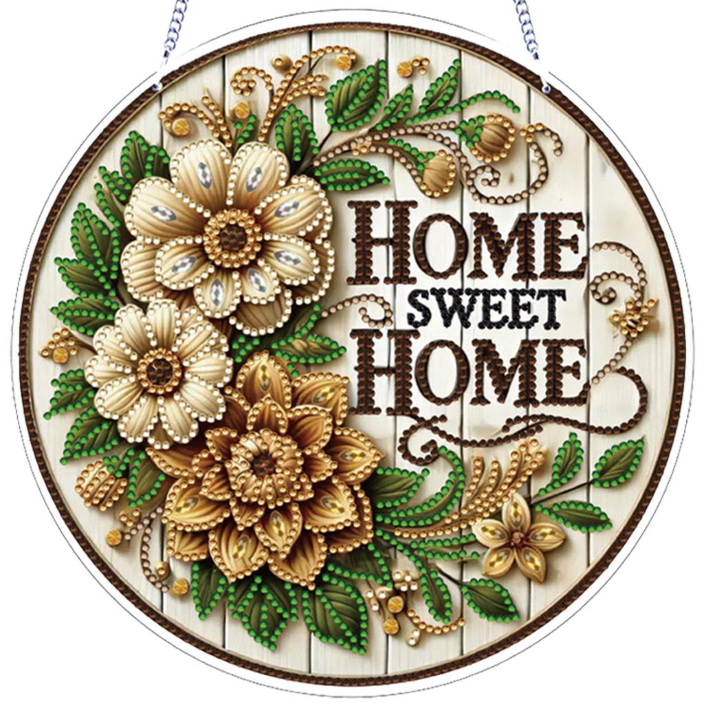 Haus Blume DIY 2D Flach Acryl Diamantmalerei Hängender Anhänger Doppelseitiger Diamant 24cm für Erwachsene Fenster Wand Dekor