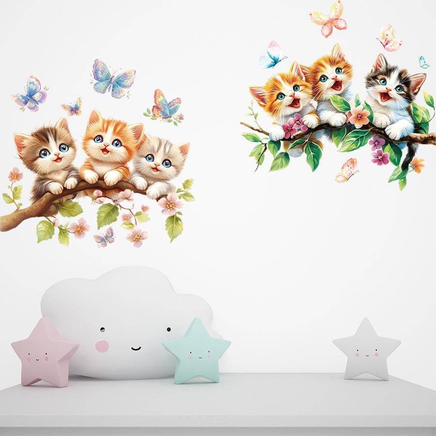 1Pc Watercolor Cartoon Cute Cat on Tree Branch Wall Stickers for Kids Room Decoration Wall Decals Bedroom Decoration Home Decor