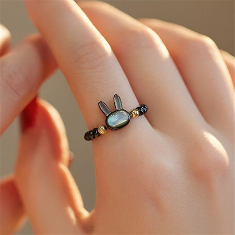 Simple Design Cute Rabbit Beaded Ring for Women Black And White Beads Animal Finger Ring Party Aesthetics Zircon Accessories