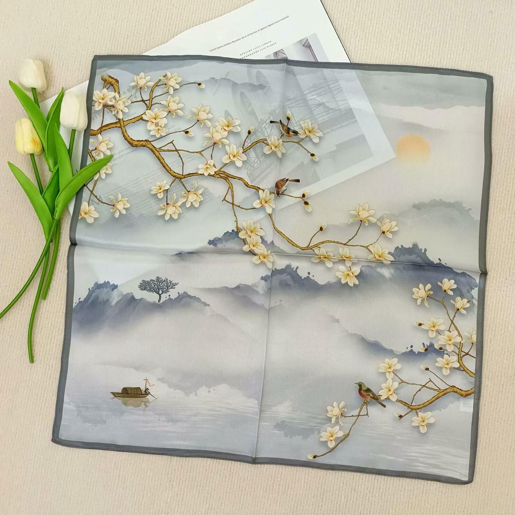 2026 Novo Lenço 100% Seda Pura Feminino Pescoço Cabelo Foulard Bandana Quadrado Pequeno Headband Hijab Estampado Poncho Lenços Pashmina