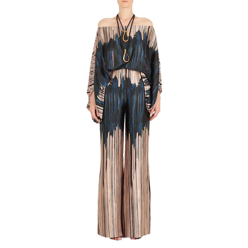 D9713 Women's Casual Satin Print One-Shoulder Top & Long Pants Two-Piece Set