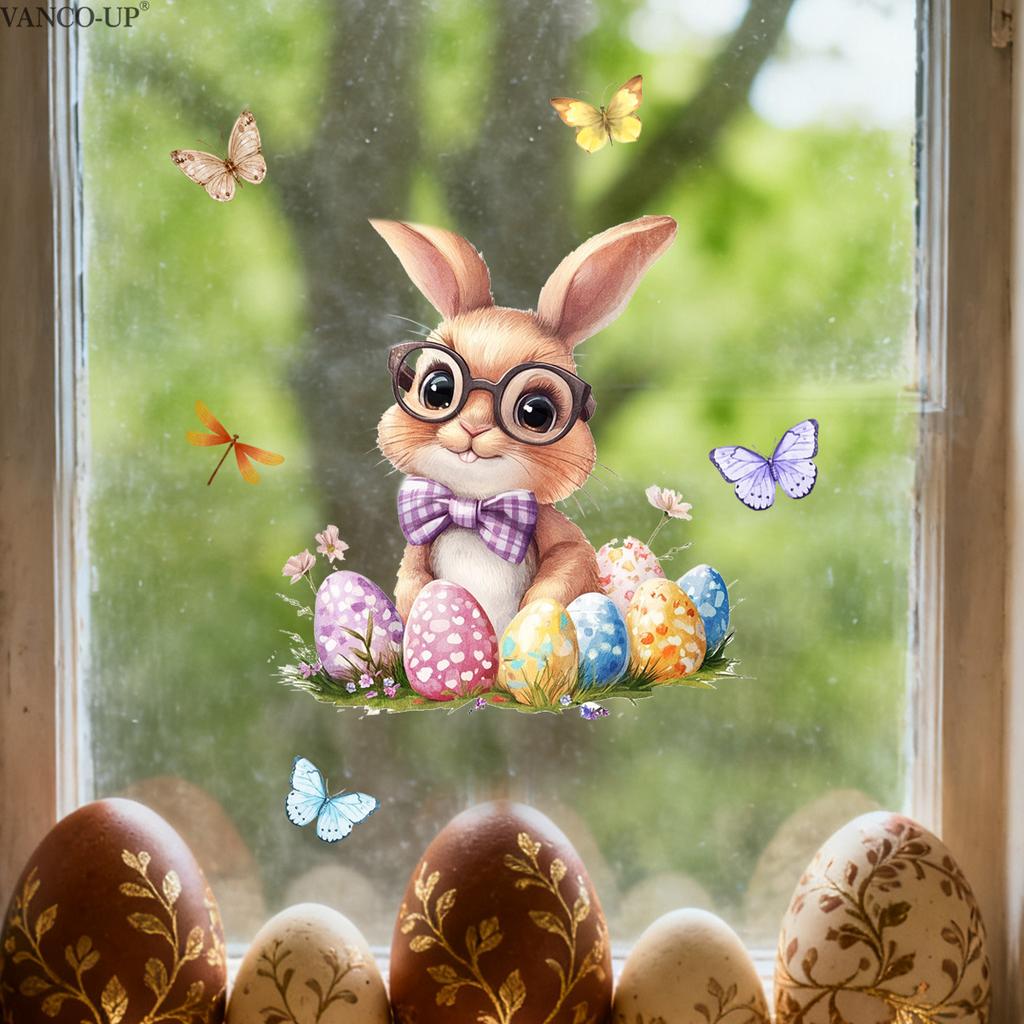 Easter Window Stickers, Creative Cute Floral Bunny Eggs Decor, Static Cling Glass Decals for Bedroom Living Room Holiday Decoration